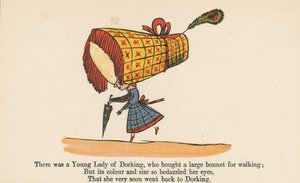 Det fanns en ung dam i Dorking som köpte en stor hatt för att gå, från "A Book of Nonsense", utgiven av Frederick Warne and Co. i London, omkring 1875.