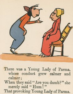 Det fanns en ung dam från Parma, vars beteende blev allt lugnare och lugnare, ur "A Book of Nonsense", utgiven av Frederick Warne and Co. i London, ca 1875. av Edward Lear