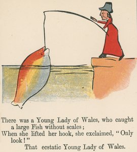 Det var en ung dam från Wales, som fångade en stor fisk utan fjäll, från "A Book of Nonsense", utgiven av Frederick Warne and Co., London, ca 1875