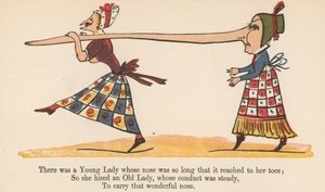 Det fanns en ung dam vars näsa var så lång att den nådde till tårna, från "A Book of Nonsense", utgiven av Frederick Warne and Co., London, ca 1875