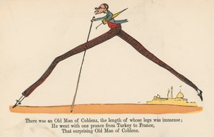 Det fanns en gammal man från Coblenz, vars ben var enorma långa, från "A Book of Nonsense", utgiven av Frederick Warne and Co., London, ca 1875 av Edward Lear