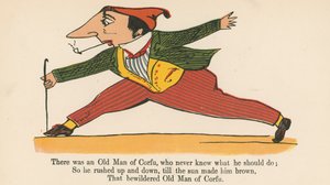 Det fanns en gammal man från Korfu, som aldrig visste vad han skulle göra, från "A Book of Nonsense", utgiven av Frederick Warne and Co., London, ca 1875 av Edward Lear