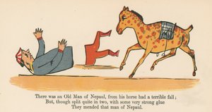 Det fanns en gammal man i Nepaul som föll av sin häst och fick ett fruktansvärt fall, ur "A Book of Nonsense", utgiven av Frederick Warne and Co. i London, ca 1875.