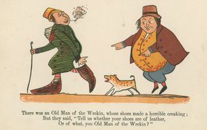 Det var en Old Man of the Wrecking, vars skor gjorde ett fruktansvärt gnisslande, från "A Book of Nonsense", utgiven av Frederick Warne and Co., London, ca 1875 av Edward Lear