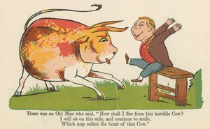 Det var en gammal man som sa, "Hur ska jag fly från denna hemska ko", från "A Book of Nonsense", utgiven av Frederick Warne and Co., London, ca 1875 av Edward Lear