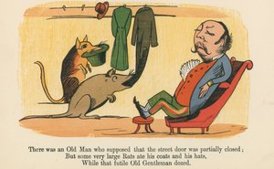 Det var en gammal man som antog att gatudörren var delvis stängd, från "A Book of Nonsense", utgiven av Frederick Warne and Co., London, ca 1875