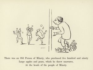 Det var en gammal minitetsperson, som köpte femhundranittio stora äpplen och päron av Edward Lear