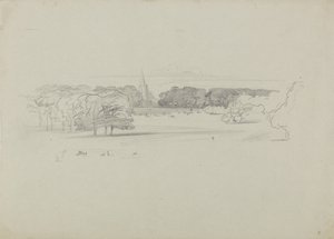 Utsikt över en äng mot en kyrka av Edward Lear