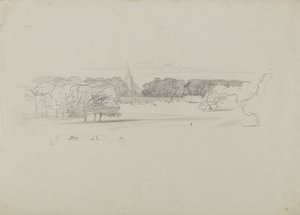Utsikt över en äng till en kyrka av Edward Lear