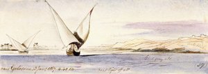 Utsikt över Nilen nära Golosona (Egypten), med en traditionell egyptisk båt som seglar. Akvarellteckning i färg av Edward Lear