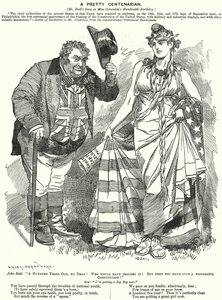 Punch cartoon: A Pretty Centenarian - hundraårsdagen av utarbetandet av USA:s konstitution (gravyr) av Edward Linley (after) Sambourne