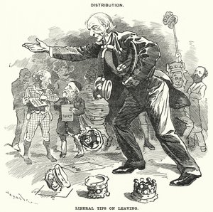 Punch tecknad: Distribution. Liberala tips om att lämna (gravyr) av Edward Linley (after) Sambourne