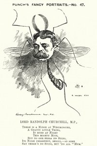 Punch tecknad: Lord Randolph Churchill, engelsk konservativ politiker (gravyr) av Edward Linley (after) Sambourne