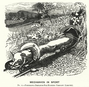 Punch tecknad: Mechanics in Sport. Nr 4. - Pneumatic Despatch Fox Hunting Company (Begränsat) (gravyr) av Edward Linley (after) Sambourne