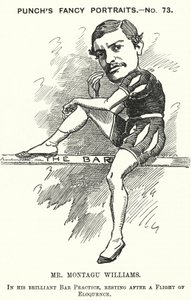 Punch tecknad: Montagu Williams, engelska lärare, soldat, skådespelare, dramatiker, advokat och domare (gravyr)