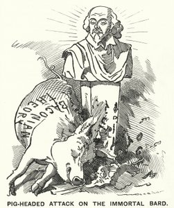 Punch cartoon: Pig-headed Attack on the Immortal Bard - teorin att William Shakespeares pjäser faktiskt skrevs av Sir Francis Bacon (gravyr)