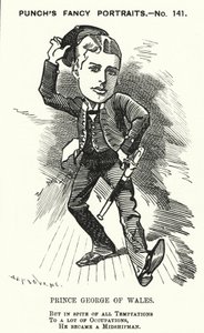 Punch tecknad: Prins George av Wales, den blivande kungen George V, som midskeppsman i Royal Navy (gravyr) av Edward Linley (after) Sambourne