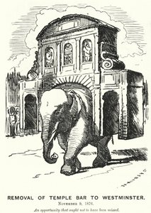 Punch tecknad: Borttagning av Temple Bar till Westminster (gravyr) av Edward Linley (after) Sambourne