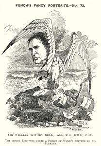 Punch-tecknad film: Sir William Withey Gull, engelsk läkare som behandlade prinsen av Wales för tyfus och blev ordinarie läkare för drottning Victoria (gravyr) av Edward Linley (after) Sambourne