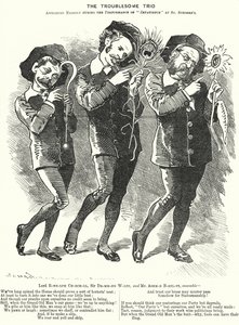 Punch tecknad: The Troublesome Trio: Lord Randolph Churchill, Henry Drummond Wolff och Ellis Ashmead-Bartlett, brittiska konservativa politiker (gravyr) av Edward Linley (after) Sambourne