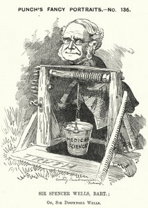 Punch tecknad: Thomas Spencer Wells, engelsk läkare, kirurg till drottning Victoria (gravyr)
