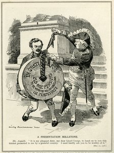 "A Presentation Millstone", premiärminister Asquith överlämnar till finanskanslern, Lloyd George, ålderspensionssystemet, 1908 av Edward Linley Sambourne