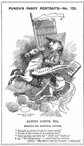 Alfred Austin (1835-1913) brittisk poetpristagare från 1896. Tecknad av Edward Linley Sambourne (1844-1910) i serien Fancy Portraits i Punch, London, 3 mars 1883, när Austin blev redaktör för National Review. Gravyr. av Edward Linley Sambourne