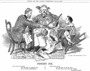 Koalitionsregering. Hertigen av Devonshire och Arthur Balfour (mitten) försöker kontrollera Joseph Chamberlain, ledare för juniorpartiet i koalition. I september 1903 avgick han för att vara fri att förespråka sina tullreformer. Tecknad av Edward Linley Sa