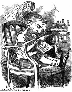 Evelyn Ashley (1836-1907) engelsk författare och liberal politiker: son till 7:e earlen av Shaftesbury. Tecknad av Edward Linley Sambourne i Fancy Portraits-serien från Punch London april 1881 när Ashley var undersekreterare på Board of Trade. av Edward Linley Sambourne