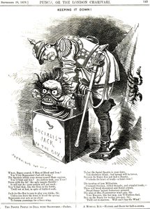 Att hålla nere. Otto von Bismarck (1815-1898) Tysklands förbundskansler, försöker tvinga tillbaka socialismens jack i sin låda. Bildtexterna berättar för honom att varje förtryckshandling är ett elixir till den mänskliga önskan om mer frihet. Tecknad av Ed