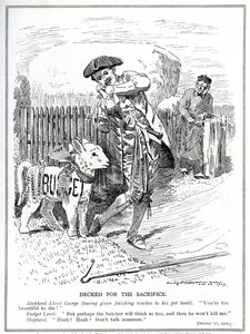 Lloyd George förbereder sig för att skicka sitt "husdjurslamm", "Folkets budget", för att offras och dödas av House of Lords, 1909 av Edward Linley Sambourne