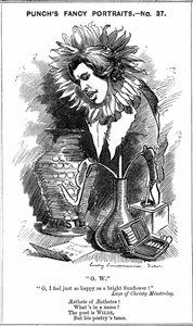 Oscar Wilde (1854-1900) irländsk dramatiker, romanförfattare, poet och kvickhet. Tecknad av Edward Linley Sambourne från hans "Fancy Portraits"-serie för Punch London, 25 juni 1881, som visar Wilde som en solros. Trägravyr
