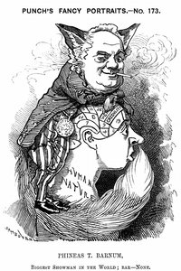 Phineas Taylor Barnum (1810-1891) Amerikansk showman: medgrundare av Barnum och Bailey cirkus. Edward Linley Sambourne tecknad film från Punch London 1884 i Fancy Portraits-serien som visar Barnum som en listig räv som utnyttjar människors frenologiska stö