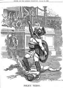 När den liberala regeringen återvände i Storbritannien, december 1905, var frihandel politiken snarare än den konservativa politiken för skydd av tullar. Tecknad av Edward Linley Sambourne från Punch London 24 januari 1906 av Edward Linley Sambourne