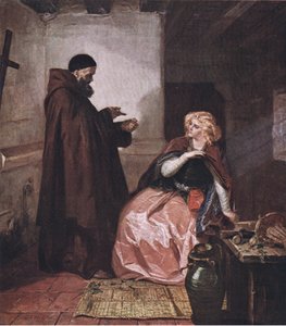 Juliet och brodern Laurence (Romeo och Julia) Ta flaskan, lägg dig sedan i sängen, och drick denna destillerade spritdryck, från puben The Complete Works of William Shakespeare av J Coker & Co Ltd (c