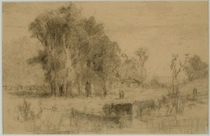 Landskap, roddbåt och kor (#57) C. 1880 (grafit på papper)