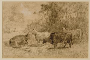 Landskap med fyra kor, ca. 1880-talet (kol på papper) av Edward Mitchell Bannister