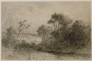 Landskap med tak bakom träd (#49) c. 1880-talet (grafit på papper) av Edward Mitchell Bannister