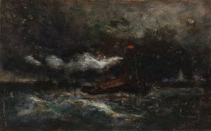 Squall, Brenton Lätt båt i storm, fyr i bakgrunden, n.d.