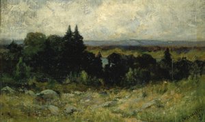 Utan titel (landskap, fält med stenar och träd) av Edward Mitchell Bannister