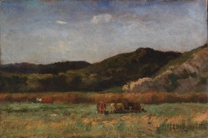 Utan titel (landskap med betande kor, kullar)