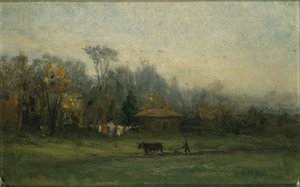 Utan titel (landskap med man som plöjer fält) av Edward Mitchell Bannister