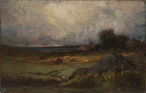 Utan titel (landskap med sten i förgrunden och tak med torn, sjö i bakgrunden) av Edward Mitchell Bannister