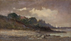 Utan titel (strandlinje med segelbåtar och tak) av Edward Mitchell Bannister