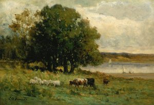 Namnlös boskap nära floden med segelbåt på avstånd, n.d.