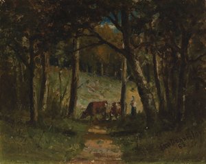 Namnlösa kor på stig i skogen, 1883. av Edward Mitchell Bannister