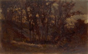 Namnlös skogsscen, fallna träd i förgrunden och hus i bakgrunden, 1873. av Edward Mitchell Bannister