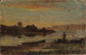 Namnlöst landskap, båt förtöjd nära strand med man som går, 1896. av Edward Mitchell Bannister