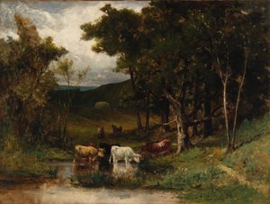 Namnlöst landskap med kor i bäck nära träd, 1882. av Edward Mitchell Bannister