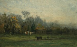 Namnlöst landskap med man som plöjer åkrar, n.d. av Edward Mitchell Bannister